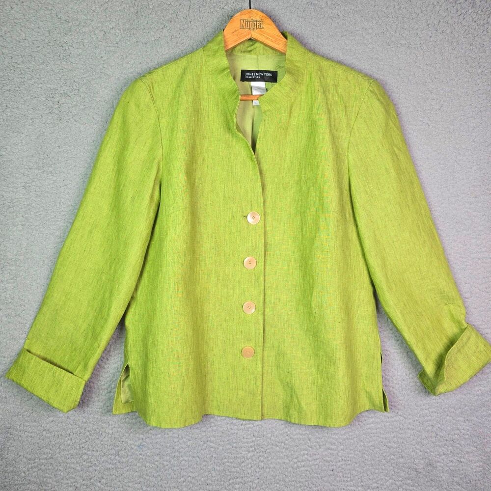 Jones New York Linen Blazer Green M Stand Collar Button Front Lightweight